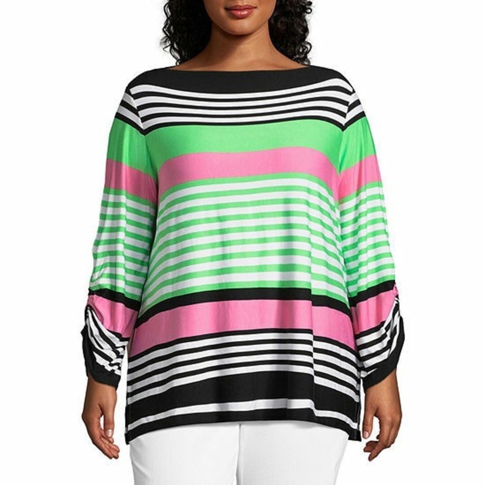 NEW Lark Lane Island Hopping Large 3/4 sleeve Striped Black/Green Blouse Shirt
